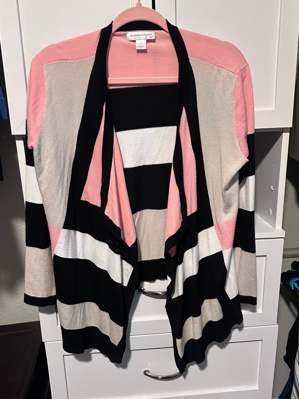 Christopher & Banks Striped Waterfall Pink Black & Ivory Cardigan Size Medium